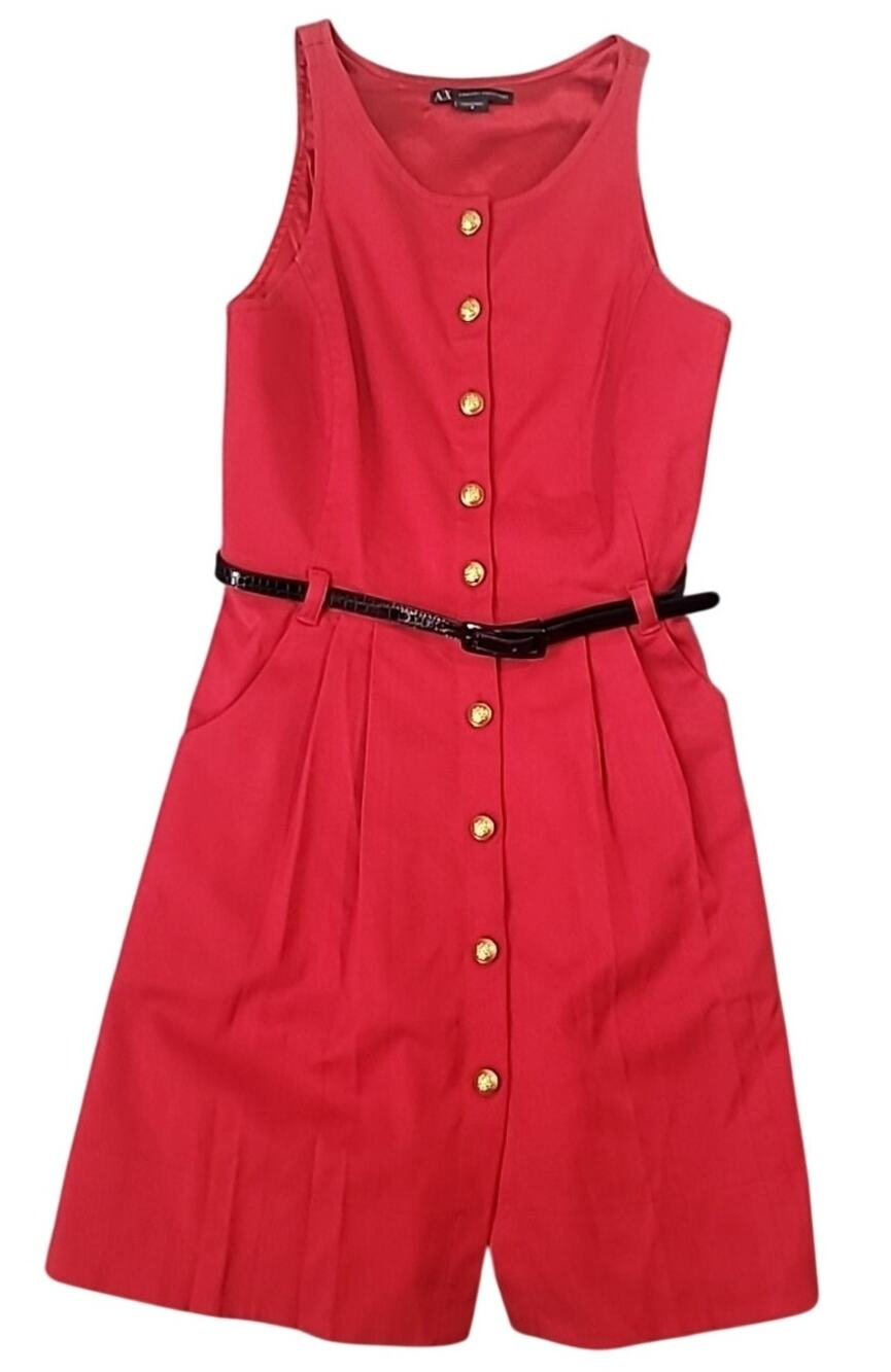 Armani Exchange Red Sleeveless Fit Flare Belted Button Dress Office Boss Power
